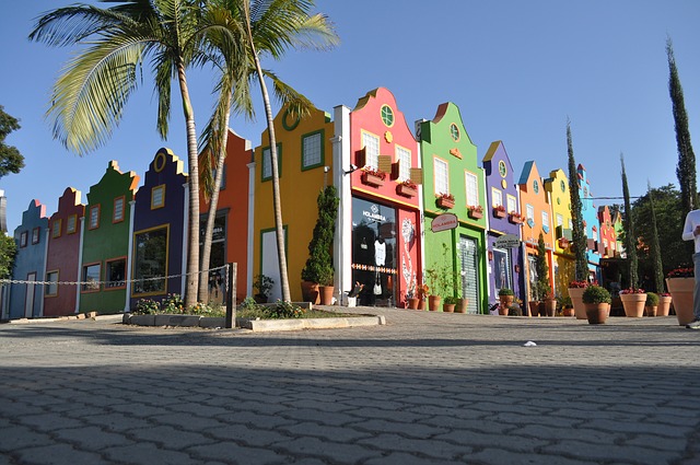 Casas com fachadas coloridas em tons de vermelho, verde, roxo, laranja, amarelo e azul. Na frente, palmeiras. 